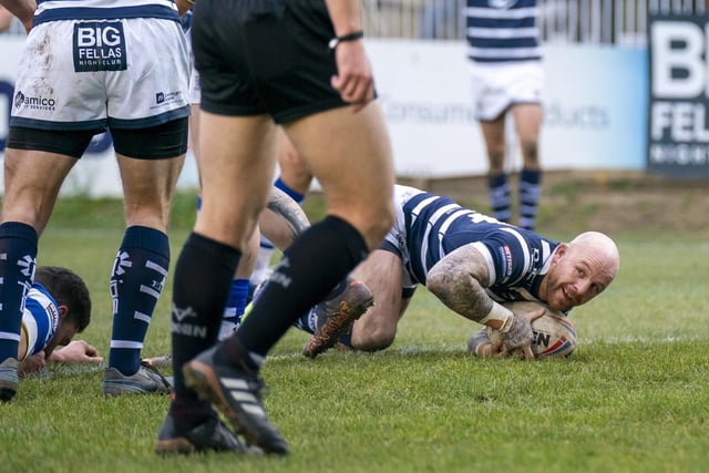 Delighted Matty Wildie scores a try for Featherstone Rovers.