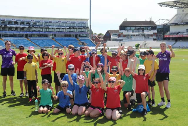 Northern Diamond cricketers Katie Levick and Rachel Slater attend the annual Education day where hundreds of young people enjoy a day out at Headingley Cricket Ground.