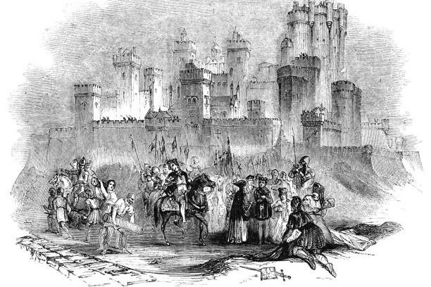 Sir Richard Ratcliffe executing Lord Grey, Lord Rivers and Sir Thomas Vaughan at Pontefract Castle in Pontefract, England in Richard III from the works of William Shakespeare. Vintage etching circa mid 19th century.