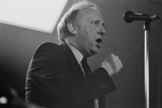 Arthur Scargill, President of the National Union of Mineworkers (NUM), addresses the Grimethorpe Pit Camp Rally, UK, February 1993.  (Photo by Steve Eason/Hulton Archive/Getty Images)