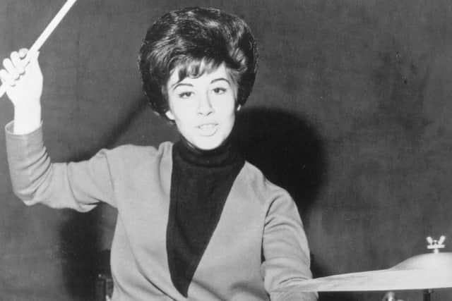 Helen Shapiro playing the drums on tour with The Beatles in 1963.