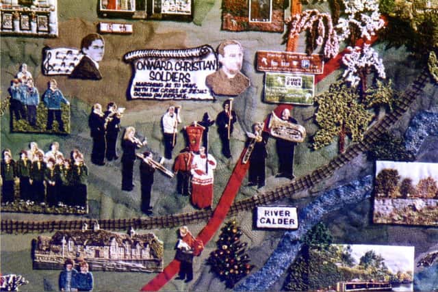 A section of the Horbury Tapestry showing the Whitsunday walk of Onward Christian Soldiers, photographed 2004