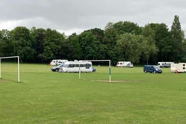 Caravans and vehicles are understood to have been moved onto playing fields near to a children’s playground on Wednesday afternoon (May 31).