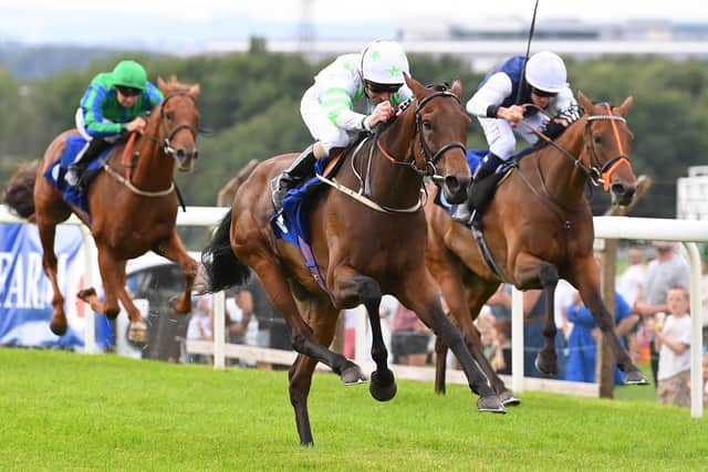 Yorkindness, ridden by Joe Fanning, made it three from three this season at Pontefract. Photo by Alan Wright