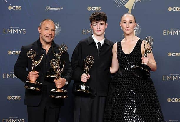 Stephen Graham, Owen Cooper, and Erin Doherty, winners of Outstanding Limited or Anthology Series, Lead Actor in a Limited or Anthology Series or Movie, Outstanding Supporting Actor in a Limited or Anthology Series or Movie, Outstanding Supporting Actress in a Limited or Anthology Series or Movie, and Outstanding Writing for a Limited or Anthology Series or Movie for 'Adolescence'.