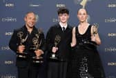Stephen Graham, Owen Cooper, and Erin Doherty, winners of Outstanding Limited or Anthology Series, Lead Actor in a Limited or Anthology Series or Movie, Outstanding Supporting Actor in a Limited or Anthology Series or Movie, Outstanding Supporting Actress in a Limited or Anthology Series or Movie, and Outstanding Writing for a Limited or Anthology Series or Movie for 'Adolescence'.