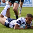Corey Hall scoring a try for Featherstone Rovers for who he played against Widnes Vikings as a dual registration player. Picture: Kevin Creighton