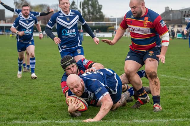 Sam Millard goes over for Pontefract's first try at Old Northamptonians. Picture: Jonathan Buck