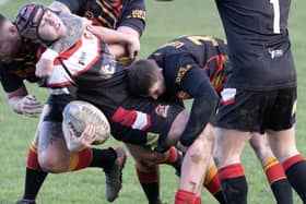 Tough tackling action from Fryston Warriors' BARLA Yorkshire Cup semi-final victory over Upton. Picture: Scott Merrylees