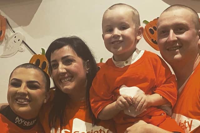 Jessica, her partner, Charlie, and her son Jakob shaved their heads yesterday on Halloween to raise money and awareness for the MS Society on behalf of Jessica's boss, Shelly, who suffers with the condition.