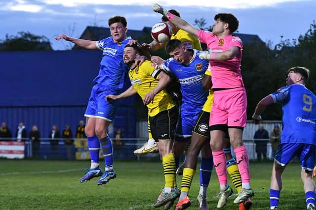 Goalmouth action from Pontefract Collieries' final home game of the season against Belper Town. Picture: Daniel Kerr