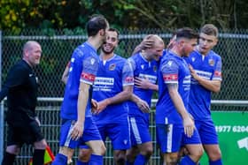 Pontefract Collieries players celebrate one of Adam Priestley's three goals against Tadcaster Albion. Picture: Josh Harper JLH Photography Yorkshire