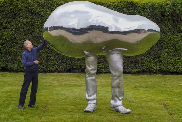 Austrian artist Erwin Wurm with his work 'Big Hypnosis ' (2008) at the opening of the major exhibition of his work 'Trap of the Truth' at Yorkshire Sculpture Park.