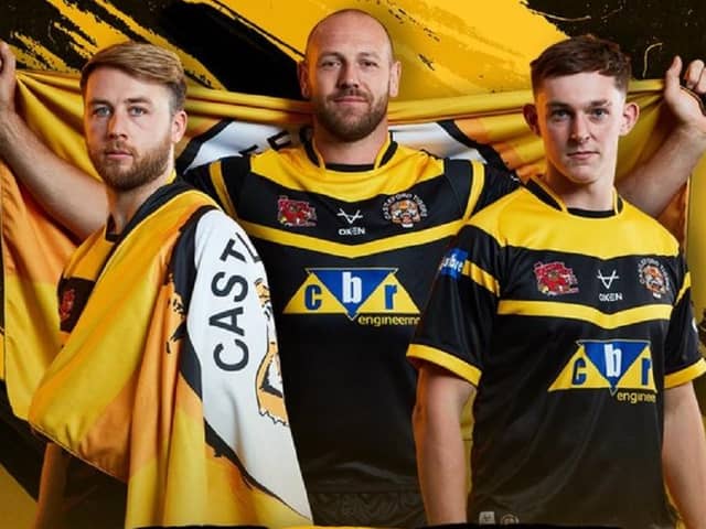 Castleford Tigers players in the new home shirt for the 2024 season, which the club launched this week, reverting back to amber and black.