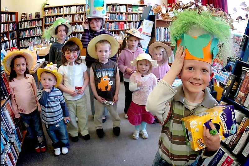 Craft session held at Altofts Library. Rowan Buxton, winner of the Easter bonnet competition.