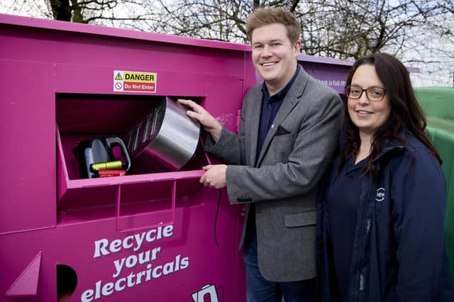 Cllr Hemingway with Robyn Downs from Renewi at Morrisons, Pontefract with one of the new electrical recycling banks. Picture - supplied