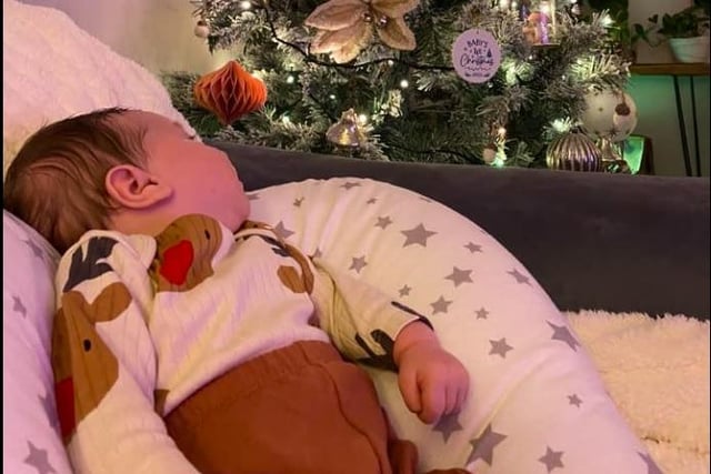 Emily Walton shared a photo of 5 weeks old Augustus’ first Christmas