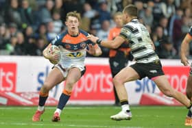 Jack Broadbent in action for Castleford Tigers against Hull on his competitive debut for the club. Picture: Craig Cresswell Photography