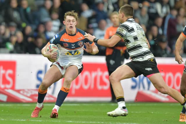 Jack Broadbent in action for Castleford Tigers against Hull on his competitive debut for the club. Picture: Craig Cresswell Photography