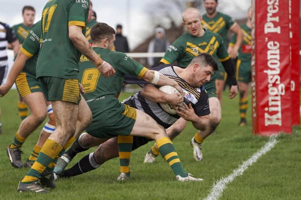 Eastmoor Dragons' Danny Johnson is so close to a try against Oldham St Annes. Picture: Scott Merrylees