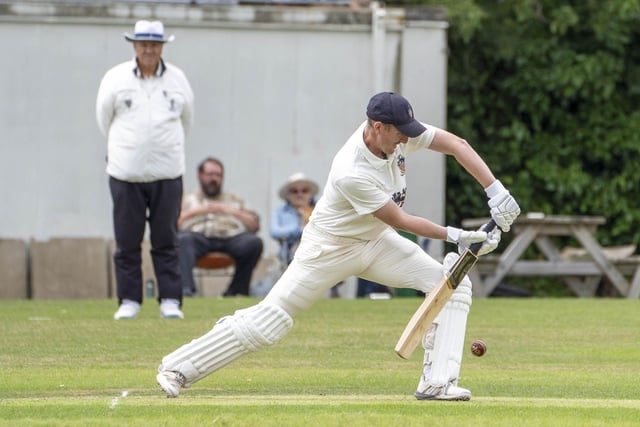 Streethouse batsman Brent Law shows a solid defence.