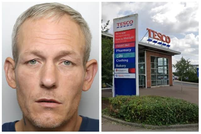 Adams was banned from Tesco, but entered the store this month to steal bottles of whiskey and assaulted two people.