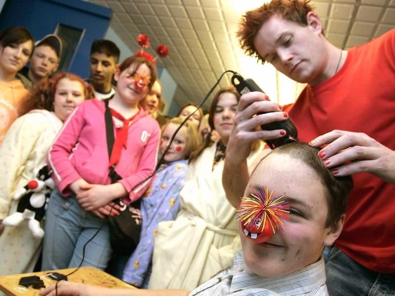 Cathederal High School pupil Matthew Leaworthy has his head shaved for Comic Relief.