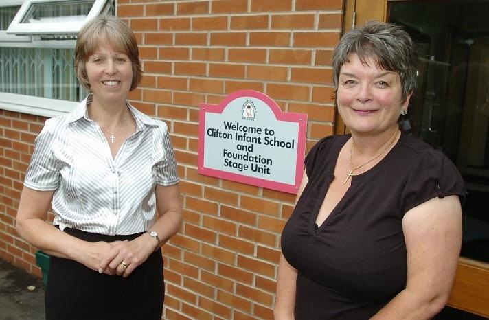 Jane Birkett and secretary Lorainne Siddall leaving Clifton Infants School Horbury in 2010.