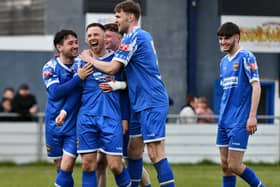 Connor Smythe celebrates scoring one of his two goals against Grimsby Borough with teammates. Pontefract Collieries pictures by Daniel Kerr