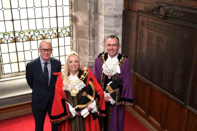 Coun Josie Pritchard, Mayor of Wakefield for 2023/24, with Wakefield Council chief executive Andrew Balchin (left) and Deputy Mayor Darren Byford.