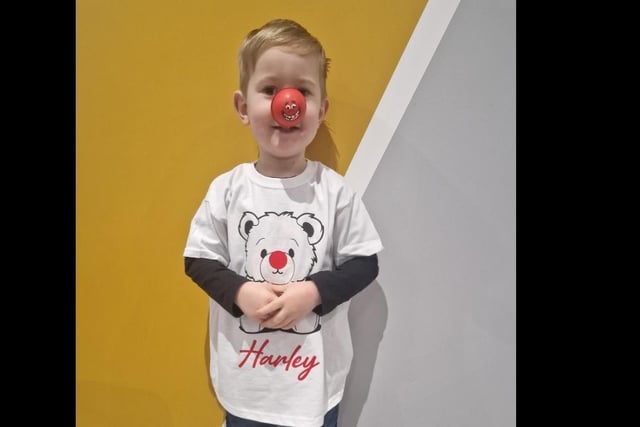 Harley age 3 shows off his red nose, shared by Megan Louise Bell.