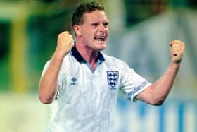 Paul Gascoigne celebrates after the 1990 FIFA World Cup Group match between England and Belgium. (Getty)