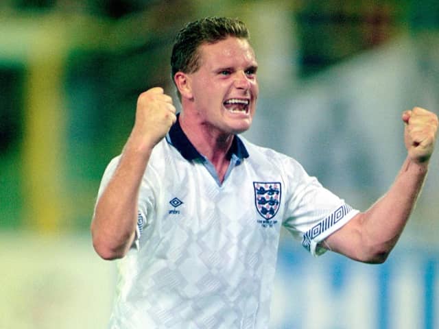 Paul Gascoigne celebrates after the 1990 FIFA World Cup Group match between England and Belgium. (Getty)