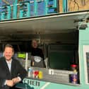 Wakefield MP Simon Lightwood visited the Falafel Street Kitchen van outside the city's Cathedral.