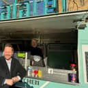 Wakefield MP Simon Lightwood visited the Falafel Street Kitchen van outside the city's Cathedral.