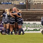 Featherstone Rovers Women celebrate during their important victory over league leaders Leigh Leopards. Picture: John Victor