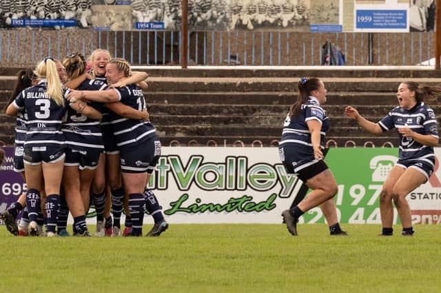Featherstone Rovers Women celebrate during their important victory over league leaders Leigh Leopards. Picture: John Victor