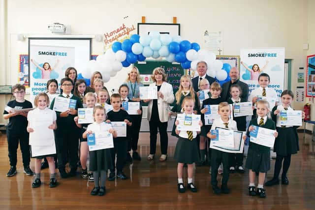 Sophie Dixon, Headteacher, Coun Denise Jeffery, Leader of Wakefield Council, and Coun Richard Forster, Chair of Governors, have celebrated the primary school going smokefree.