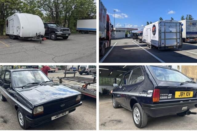 Rebuilt and restored by the Wheeler Dealer team, the MK1 Ford Fiesta (pictured with the trailer it was stored in) had been a "nuts and bolts" restoration that was going to be showcased at a classic car show before it was stolen overnight