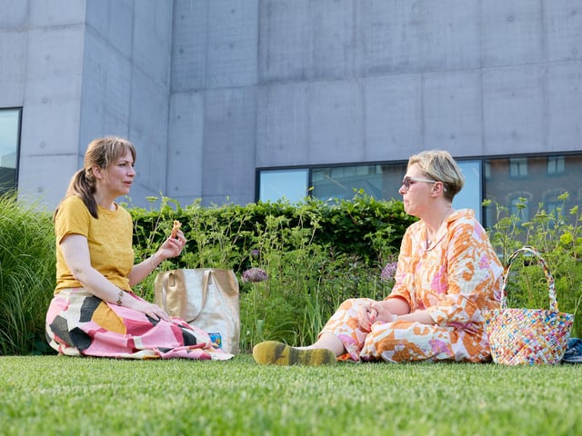 Nicola Storr and Claire Rookes in The Hepworth garden.