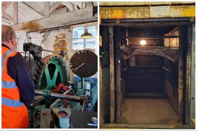 The museum's steam winding machine in operation (left) and the cage (right) which transported miners down to the mines. Although the steam winder controls the movement of the cage, the two are situated away from each other and the operator cannot see the cage