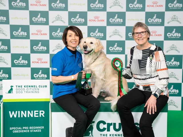 Sandra Jones, Ruby and Dr Janel Fone at Crufts 2024. The Wakefield pair were praised for their "first class" performance and took home first prize in the Good Citizen Pre-Beginner Obedience Stakes Competition. Picture: BeatMedia and The Kennel Club