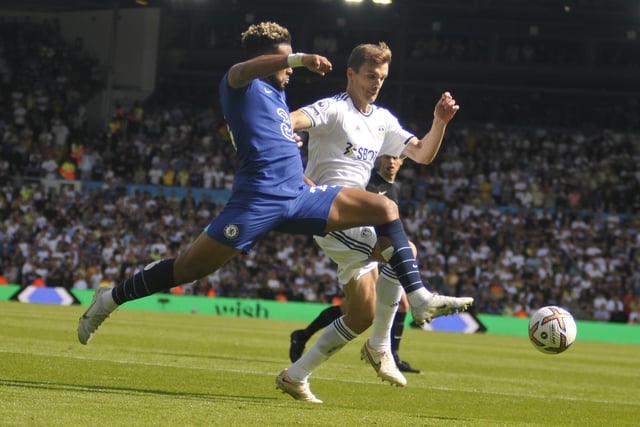 Diego Llorente closes down Chelsea's England right-back Reece James.