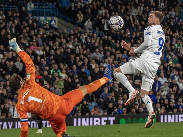 QPR goalkeeper Asmir Begovic was sent-off for this challenge on Leeds United's Patrick Bamford.