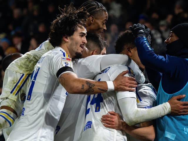 Leeds United players celebrate Dan James' goal, which made it 3-1 against Swansea City.