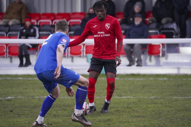 Sam Kyeremeh takes on a Horbury Town defender.