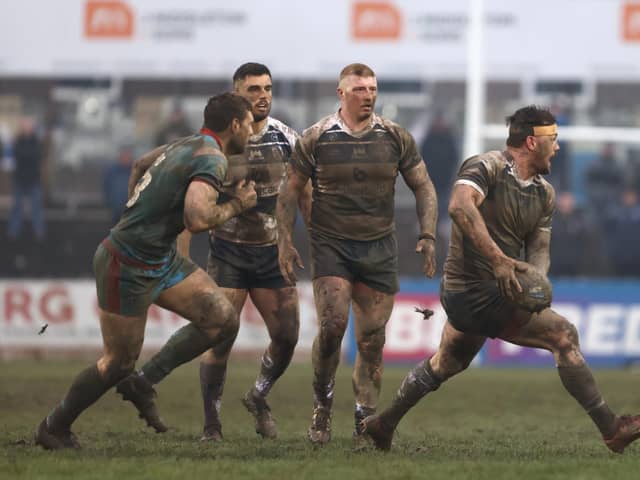Action from Sunday's Challenge Cup tie between Featherstone Rovers and Wakefield Trinity. Photo by John Victor.