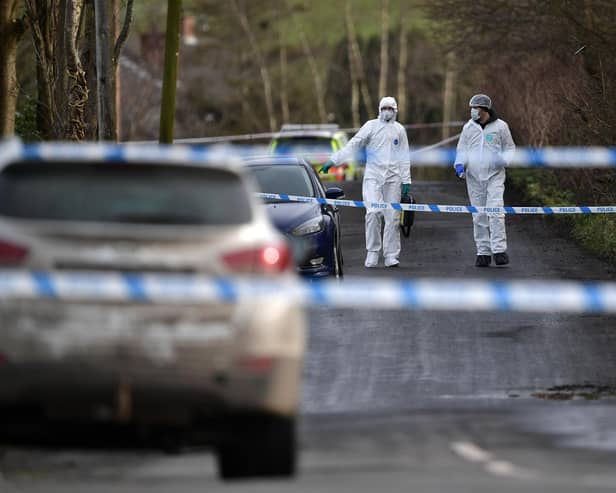 OMAGH, NORTHERN IRELAND - FEBRUARY 23: Police and forensics are seen at the scene of last nights shooting of a high profile PSNI officer at the Youth Sports Centre on February 22, 2023 in Omagh, Northern Ireland. (Photo by Charles McQuillan/Getty Images)