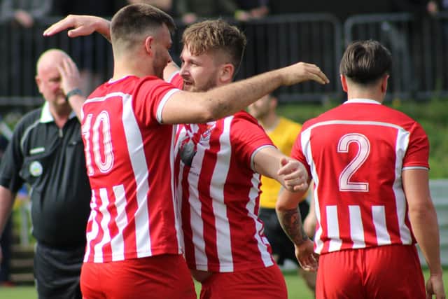 Fryston AFC players celebrating scoring one of their three goals against Nostell MW in their cup final. Picture: Angie Breen