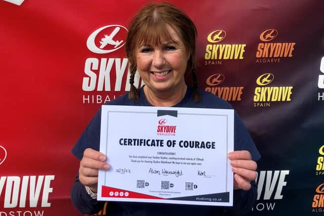 Alison Wainwright and the other skydivers received a certificate of bravery after completing the jump.